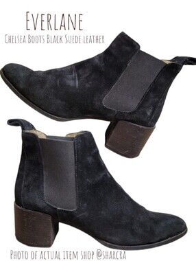 Everlane Women Chelsea Boots Black Suede leather Pull On block heeled Shoes 8.5